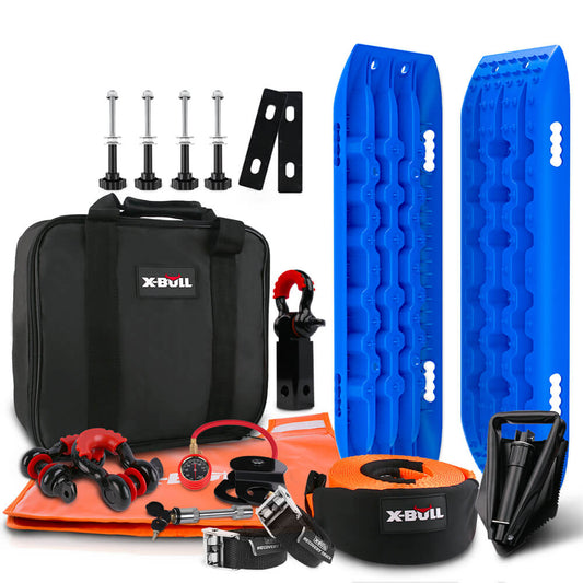 A X-BULL Winch Recovery Kit Snatch Strap Off Road 4WD Mounting Pins Recovery Tracks Boards Gen 2.0 Blue including a black carrying bag, two blue traction boards, tire deflators, shackles, a tire repair kit, an air down gauge, tow straps with a snatch block, a foldable shovel, and other accessories organized against a white background.