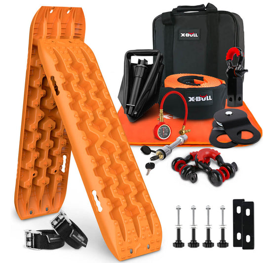 A recovery traction mat kit for off-road vehicles. The image shows two orange recovery tracks, a black carrying bag, tire inflator, red and black recovery tools, hardware accessories including a snatch block and tow strap, and other gear, all bearing the X-BULL Winch Recovery Kit with 2PCS Recovery Tracks Boards Gen 3.0 /Mounting Pins/ Snatch Strap Off Road 4WD logo.
