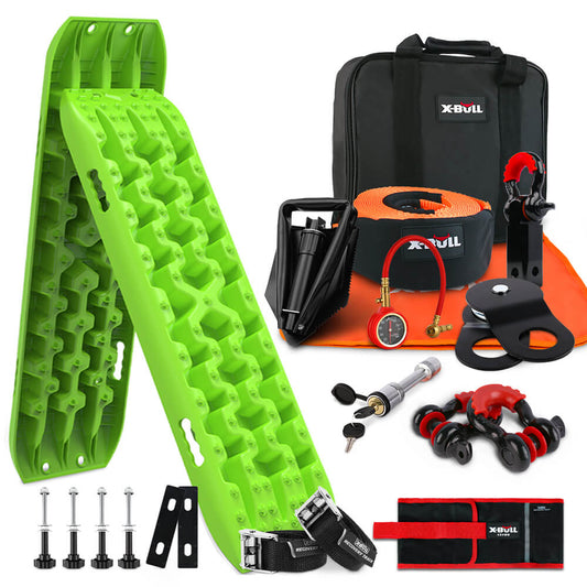 A set of off-road recovery tools, including the X-BULL Winch Recovery Kit with Recovery Tracks Boards Gen 3.0 Mounting Pins Snatch Strap Off Road 4WD Green.