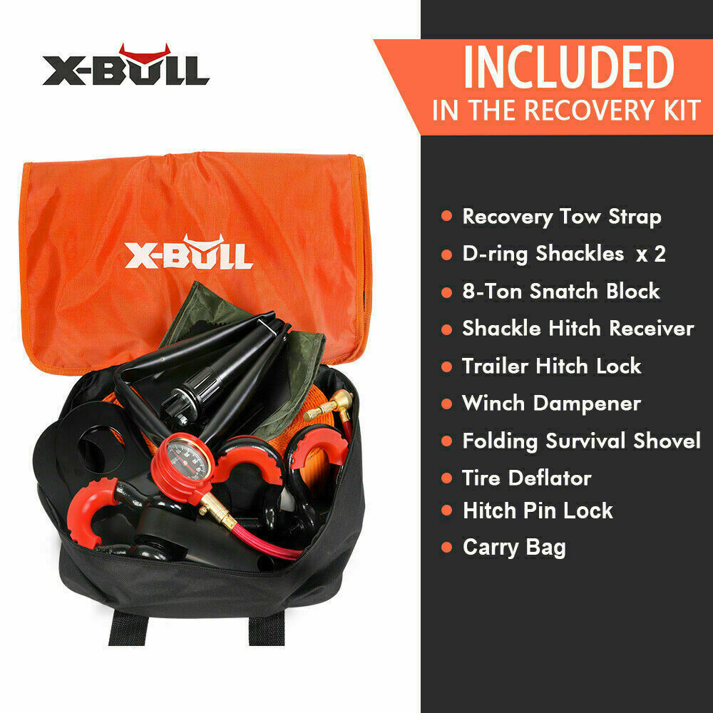 The black Xbull bag with handles holds various recovery gear for off-road vehicles. This comprehensive X-BULL Winch Recovery Kit 11PCS 4WD 4x4 Pack Off Road Snatch Strap Essential includes an orange strap, tire gauge, red shackles, gloves, and a black recovery traction mat. All items are displayed against a white background.