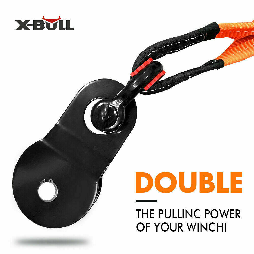 The black Xbull bag with handles holds various recovery gear for off-road vehicles. This comprehensive X-BULL Winch Recovery Kit 11PCS 4WD 4x4 Pack Off Road Snatch Strap Essential includes an orange strap, tire gauge, red shackles, gloves, and a black recovery traction mat. All items are displayed against a white background.