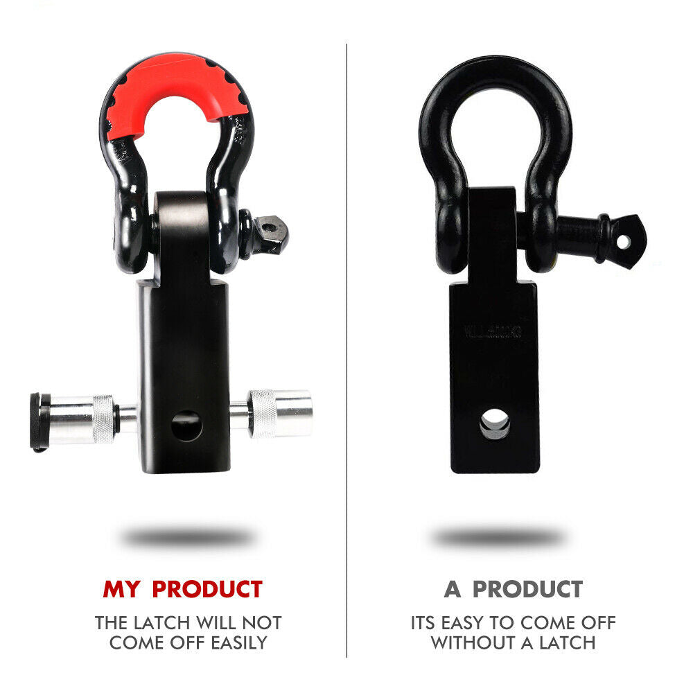 A black X-BULL Hitch Receiver 5T Recovery Receiver with Bow Shackle Tow Bar Off Road 4WD with a red rubberized shackle is shown along with a locking hitch pin and a set of two keys. Made from high-strength forged aluminum, the hitch shackle is designed for towing and provides a rated recovery point.