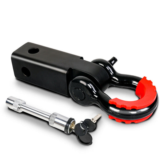 A black X-BULL Hitch Receiver 5T Recovery Receiver with Bow Shackle Tow Bar Off Road 4WD with a red rubberized shackle is shown along with a locking hitch pin and a set of two keys. Made from high-strength forged aluminum, the hitch shackle is designed for towing and provides a rated recovery point.