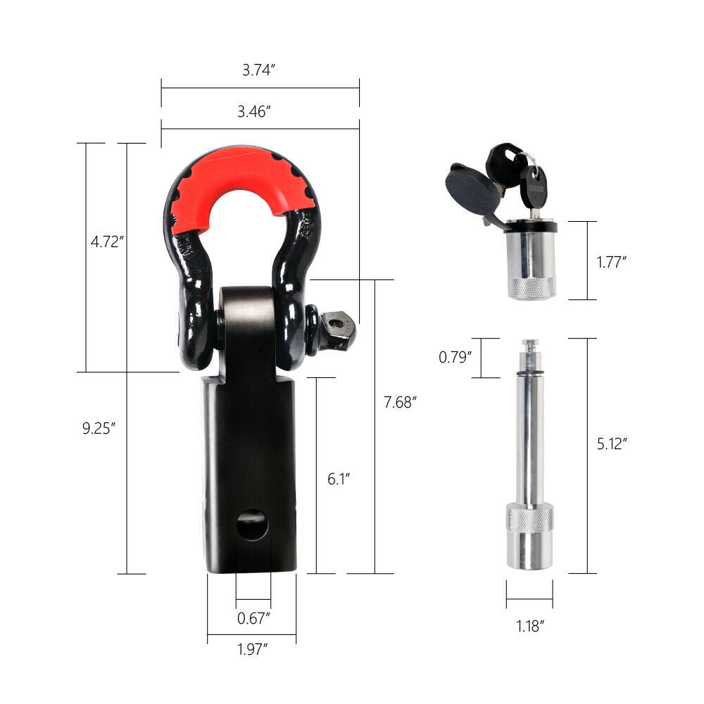 A black X-BULL Hitch Receiver 5T Recovery Receiver with Bow Shackle Tow Bar Off Road 4WD with a red rubberized shackle is shown along with a locking hitch pin and a set of two keys. Made from high-strength forged aluminum, the hitch shackle is designed for towing and provides a rated recovery point.