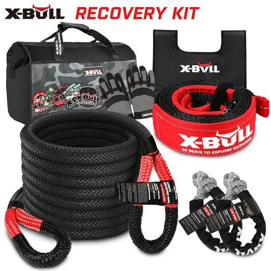 The X-BULL Recovery Kit 4X4 Off-Road Kinetic Rope Snatch Strap Winch Damper 4WD13PCS features various equipment including a durable black and red tow strap, a heavy-duty black kinetic recovery rope, two grey and black shackles, and a carrying bag. The gear is designed for vehicle recovery and outdoor use, highlighted with X-Bull branding.