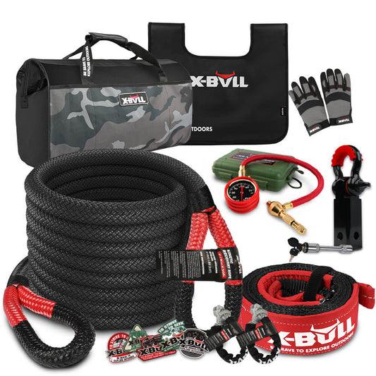 This image shows a complete X-BULL Recovery Rope kit Snatch Strap Soft Shackles Hitch receiver Kinetic Tire Deflator for off-road use, featuring a heavy-duty recovery strap, gloves, a tire deflator, a snatch block, and even a kinetic recovery rope. It comes in a branded "X-BULL" carry bag with various accessories designed for safe vehicular recovery.