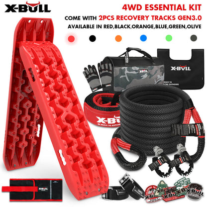 An image showing the X-BULL 4X4 Recovery Kit Kinetic Recovery Rope Snatch Strap / 2PCS Recovery Tracks 4WD Gen3.0 Red. The kit includes red recovery tracks, Kinetic Recovery Rope, a utility bag, a gloves pouch, and other off-road recovery accessories. The text indicates the availability of different colors for the 2PCS Recovery Tracks GEN3.0.