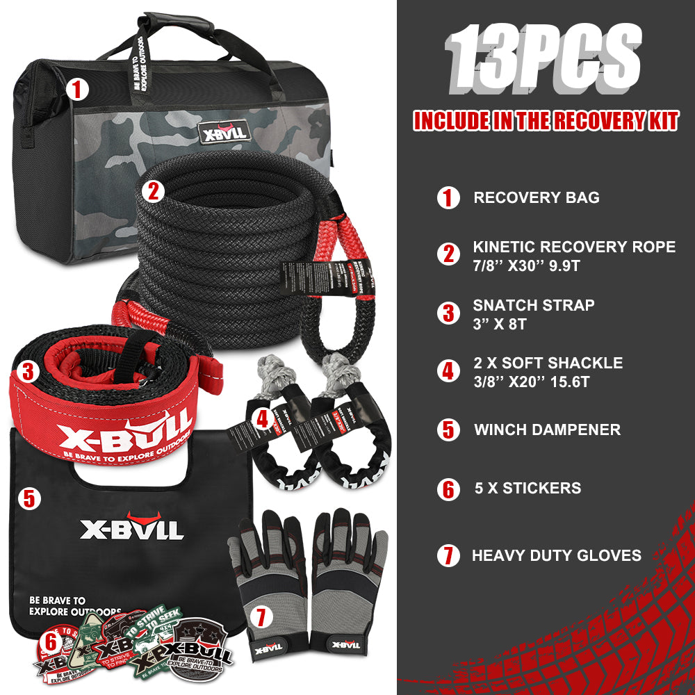 An image showing the X-BULL 4X4 Recovery Kit Kinetic Recovery Rope Snatch Strap / 2PCS Recovery Tracks 4WD Gen3.0 Red. The kit includes red recovery tracks, Kinetic Recovery Rope, a utility bag, a gloves pouch, and other off-road recovery accessories. The text indicates the availability of different colors for the 2PCS Recovery Tracks GEN3.0.