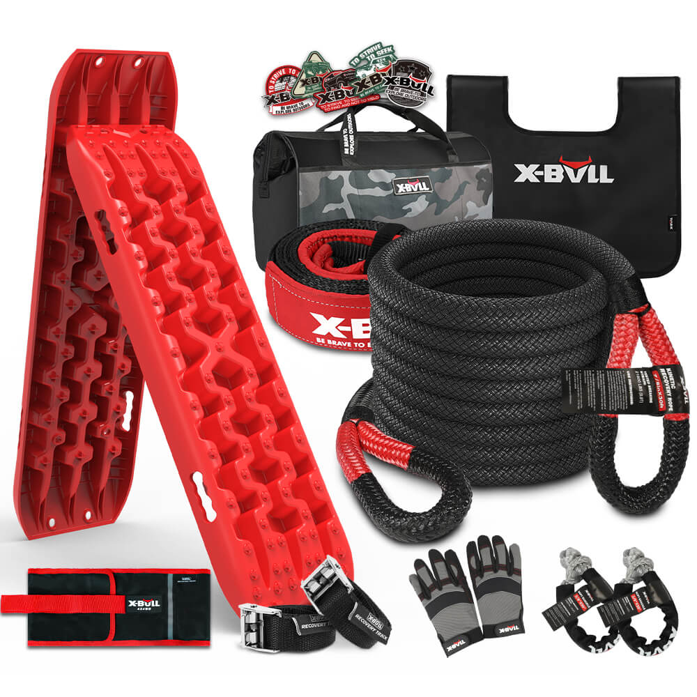 A comprehensive X-BULL 4X4 Recovery Kit Kinetic Recovery Rope Snatch Strap/soft shackle/2PCS Recovery Tracks 4WD Gen3.0 Red featuring off-road essentials: red traction boards, a camo gear bag, a black and red tow strap, a black and red tree saver strap, black gloves, D-ring shackles, various tools—all branded with "X-BULL." Ideal for any adventure that requires reliable recovery gear.