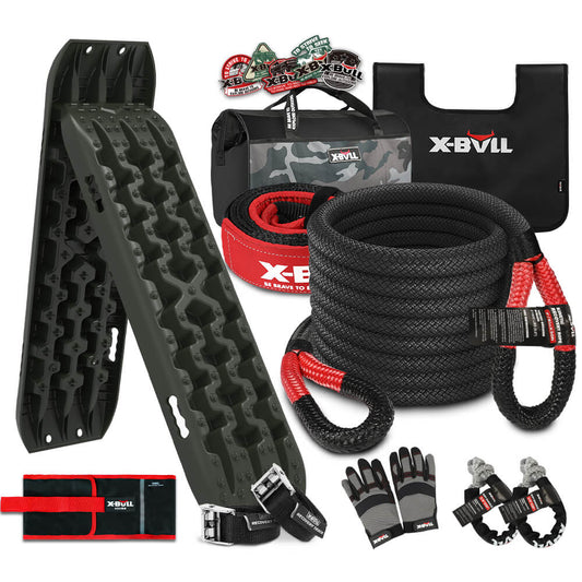 A comprehensive recovery kit featuring two green recovery traction mats, a camo gear bag, a tow rope, gloves, tree saver straps, a snatch block, shackles, and an X-BULL 4WD Recovery Kit Kinetic Recovery Rope Snatch Strap / 2PCS Recovery Tracks 4X4 Gen3.0-branded winch dampener.