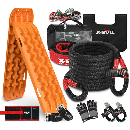 A comprehensive recovery kit, the X-BULL 4X4 Recovery Kit Kinetic Recovery Rope Snatch Strap soft shackle / 2PCS Recovery Tracks Boards 4WD Gen3.0 includes two orange traction boards, a black rope, high-strength recovery ropes, gloves, two black straps, and a stylish black carrying bag featuring a camo design and red X-BULL logo. Additional small accessories are also included for all your off-roading needs.