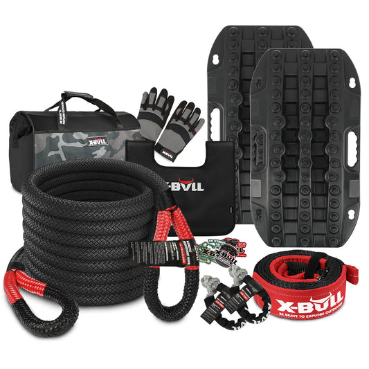 An X-BULL 4WD Recovery Kit 15PCS Winch Recovery track Kinetic Rope Snatch Strap 4X4 featuring black recovery boards, a camo pouch, gloves, a heavy-duty black and red kinetic recovery rope, a red tool bag labeled "X-BULL," and various straps and shackles. This comprehensive set ensures you're ready for any terrain challenges.