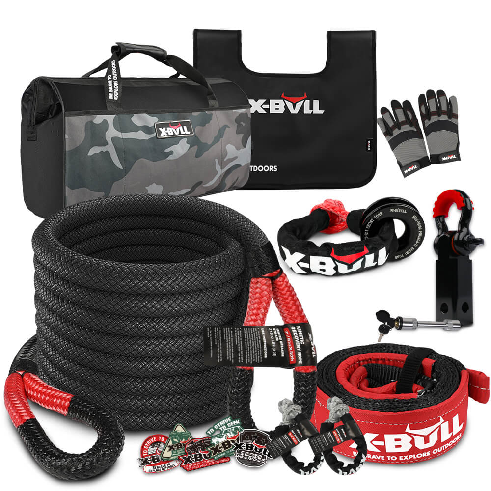 An X-BULL Kinetic Recovery Rope kit Snatch Strap Soft Shackles Hitch receiver 4WD 4X4 includes a camo-patterned carrying bag, a heavy-duty kinetic recovery rope with red reinforced ends, two soft shackles, a hook, a snatch block, black and gray gloves, and various utility straps and accessories.