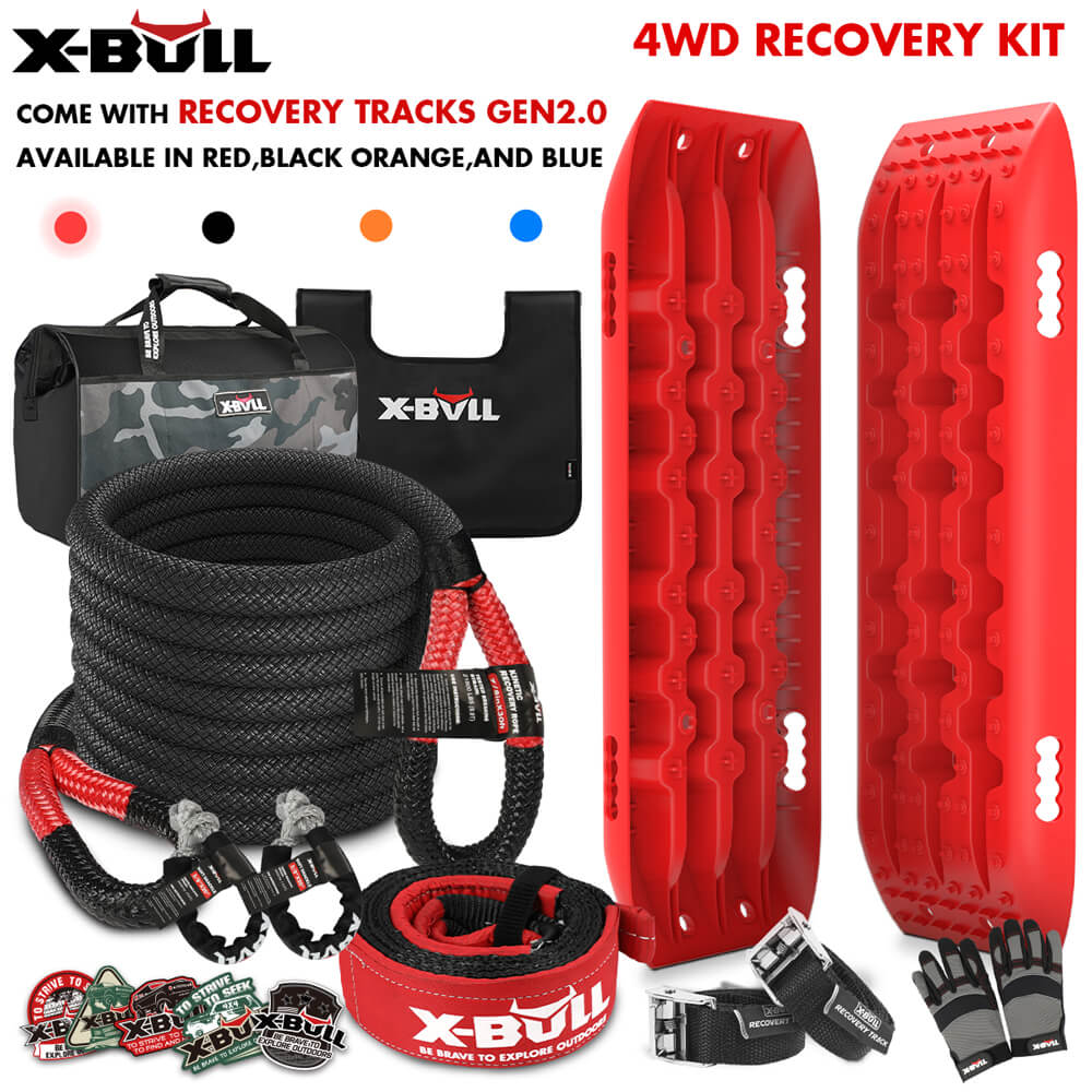 Image of the X-BULL 4X4 Recovery Kit Kinetic Recovery Rope Snatch Strap With 2PCS Recovery Tracks 4WD Gen2.0 Red, featuring two red recovery tracks, a black recovery bag, a snatch strap, shackles, gloves, a dampener blanket, and an additional kinetic recovery rope. Text highlights color availability: red, black, orange, and blue.