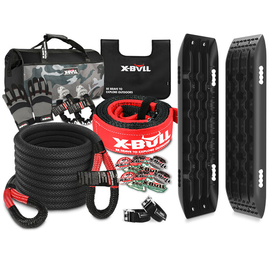 A comprehensive off-road recovery kit including a camouflage bag, recovery tracks, three coiled ropes, a kinetic recovery rope, red recovery strap, shackles with red pins, and tree saver strap— all branded with "X-BULL Recovery Kit Kinetic Recovery Rope Snatch Strap / 2PCS Recovery Tracks 4WD Gen2.0.