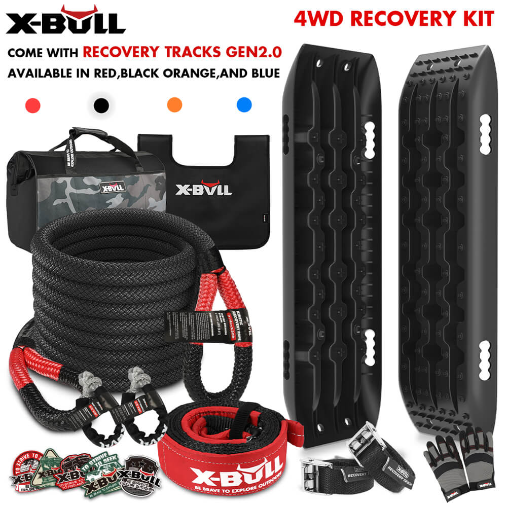 Image of an X-BULL 4X4 Recovery Kit Kinetic Recovery Rope Snatch Strap With 2PCS Recovery Tracks 4WD Gen2.0 Black featuring black recovery tracks, ropes, a storage bag, and various accessories. Colors available are red, black, orange, and blue. The kit includes generation 2.0 recovery tracks, a soft shackle, kinetic recovery rope, and other components essential for vehicle recovery.