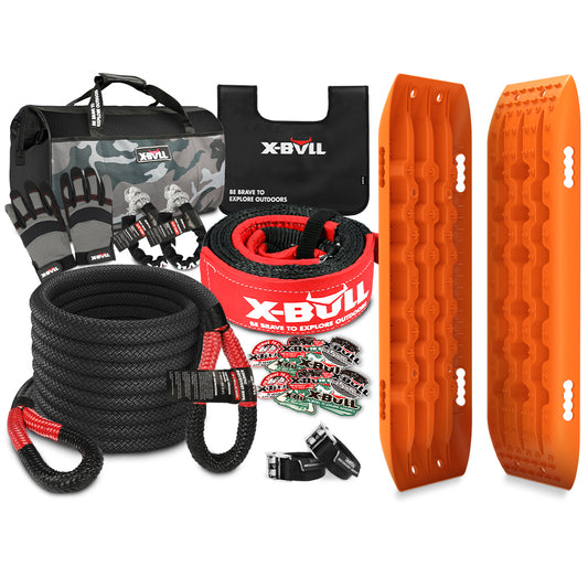 A robust X-BULL 4X4 Recovery Kit Kinetic Recovery Rope Snatch Strap / 2PCS Recovery Tracks 4WD Gen2.0 featuring a black patterned bag with gloves, a red and black tow strap, orange traction boards, black tow ropes including a kinetic recovery rope, a winch dampener, and various metal accessories. The items are neatly arranged on a white background.