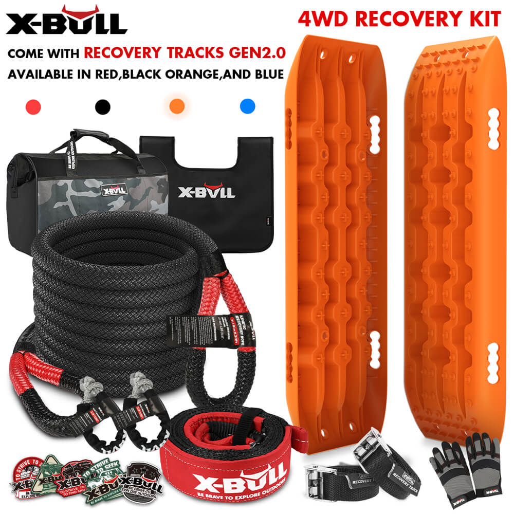 Image shows the X-BULL 4X4 Recovery Kit Kinetic Recovery Rope Snatch Strap With 2PCS Recovery Tracks 4WD Gen2.0, featuring two orange recovery tracks, a black bag, a heavy-duty tow strap, gloves, D-ring shackles, and a hitch receiver. The kit includes various other accessories and is available in red, black, orange, and blue. Text indicates "X-BULL" and "Come with Recovery Tracks Gen 2.0.