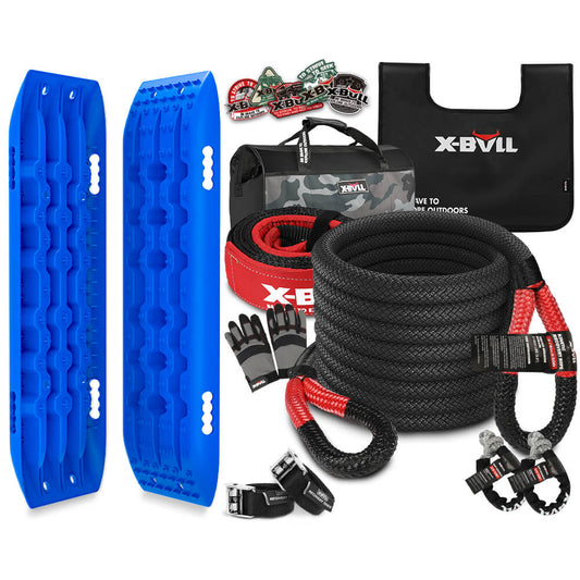 Introducing the X-BULL 4X4 Recovery Kit Kinetic Recovery Rope Snatch Strap / 2PCS Recovery Tracks Gen2.0: a comprehensive set of off-road recovery gear. It includes blue traction boards, black tow ropes, a camo-patterned carrying bag, heavy-duty gloves with red accents, two orange and black D-ring shackles, and an "X-BULL" branded black mat.