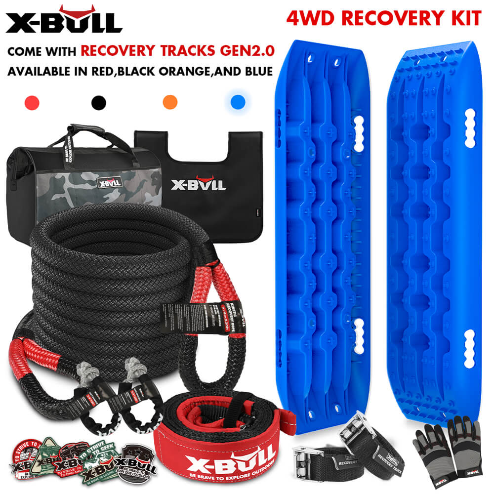 Image of an X-BULL 4X4 Recovery Kit Kinetic Recovery Rope Snatch Strap With 2PCS Recovery Tracks 4WD Gen2.0 Blue. The kit includes two blue recovery tracks, a black storage bag, a snatch strap, a tree trunk protector, shackles, soft shackle, a pair of gloves, and black tie-down straps. The text highlights different colors available: red, black, orange, and blue.