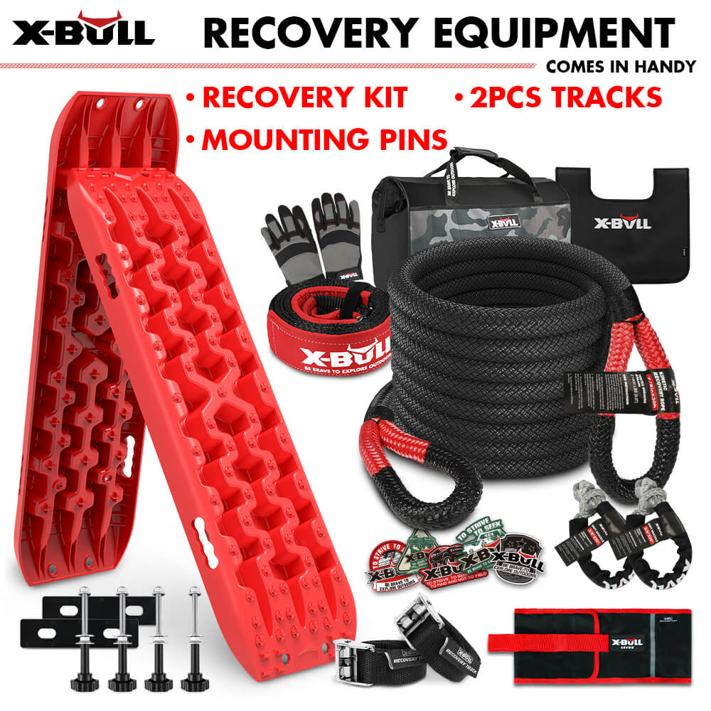 Image of the X-BULL 4X4 Recovery Kit Kinetic Recovery Rope Snatch Strap / 2PCS Recovery Tracks 4WD Mounting Pins Gen3.0 Red. The kit includes red recovery tracks, mounting pins, gloves, a duffel bag, a black towing strap with a 10-ton load capacity, two D-ring shackles, two soft shackles, and a winch. Text on the image reads "Recovery Equipment - Comes in Handy" and highlights the main items.