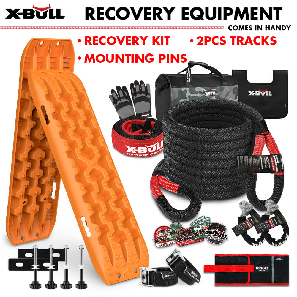 The X-BULL 4X4 Recovery Kit Kinetic Recovery Rope Snatch Strap / 2PCS Recovery Tracks 4WD Mounting Pins Gen3.0 is essential for off-road adventurers. It includes two orange traction tracks made of reinforced strong nylon, a heavy-duty winch rope with a 10-ton load capacity, black gloves, mounting pins, D-ring shackles, and a large carrying bag. The text reads “Recovery Kit,” “Mounting Pins,” “2PCS Tracks.”