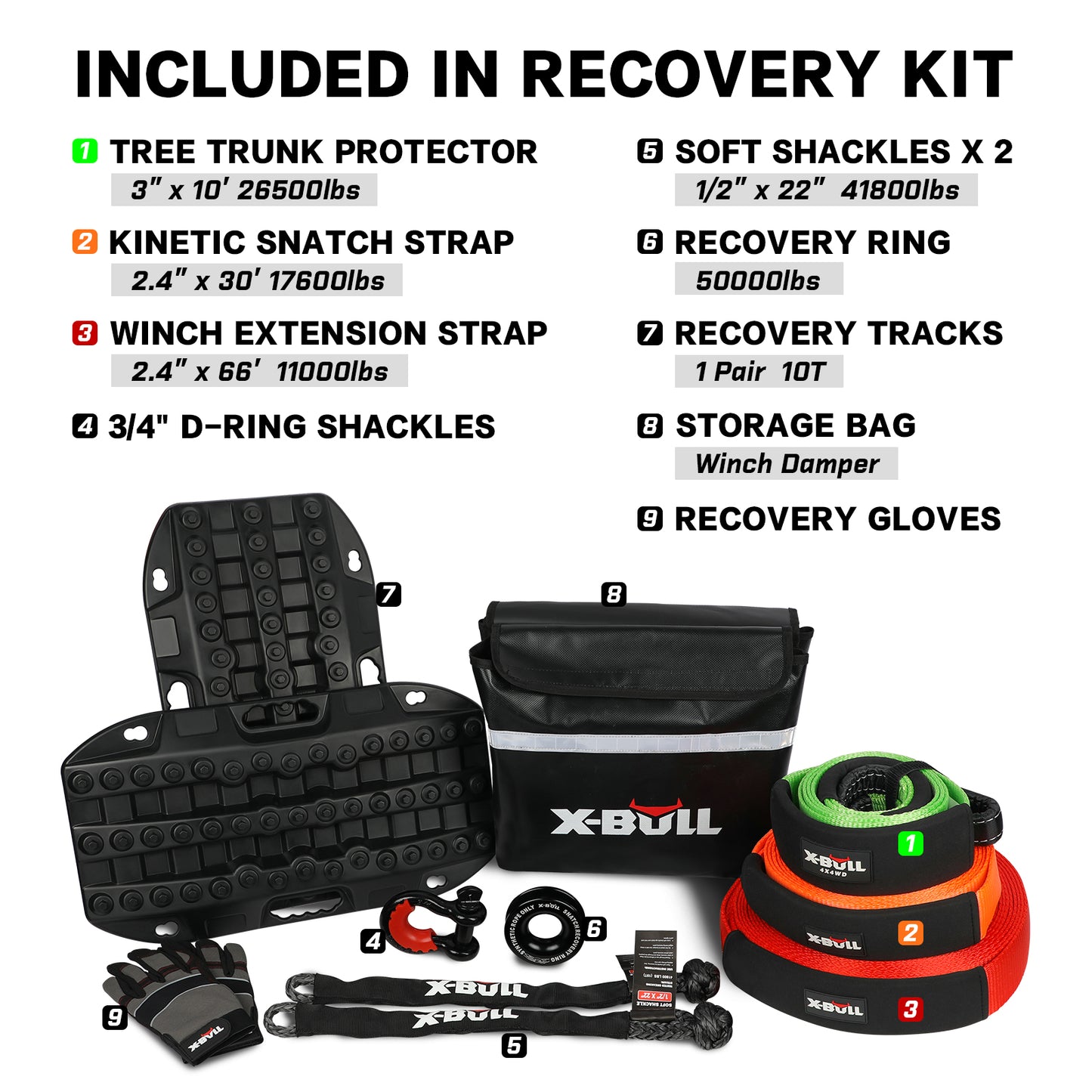 A comprehensive 4WD Recovery Kit from X-BULL, this essential off-roaders' equipment includes two traction boards, a recovery bag, three towing ropes in green, orange, and red, a pair of gloves, a shackle, a recovery ring, and two smaller straps with an included kinetic snatch strap. Labeled "X-BULL 4WD Winch Recovery Kit 12Pcs Recovery Tracks Snatch Strap Soft Shackles Recovery Ring.