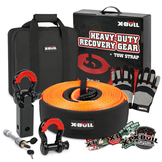 A set of high-quality components, the X-BULL 4WD Recovery Kit Snatch Strap Hitch Receiver Bow Shackles Lock Off Road includes an orange tow strap, black rotating bow shackles, a tire deflator, a carrying bag, black and grey gloves, a hitch receiver, a storage bag, and branded decals. Perfect for off-road vehicles with visible X-BULL branding on packaging and accessories.