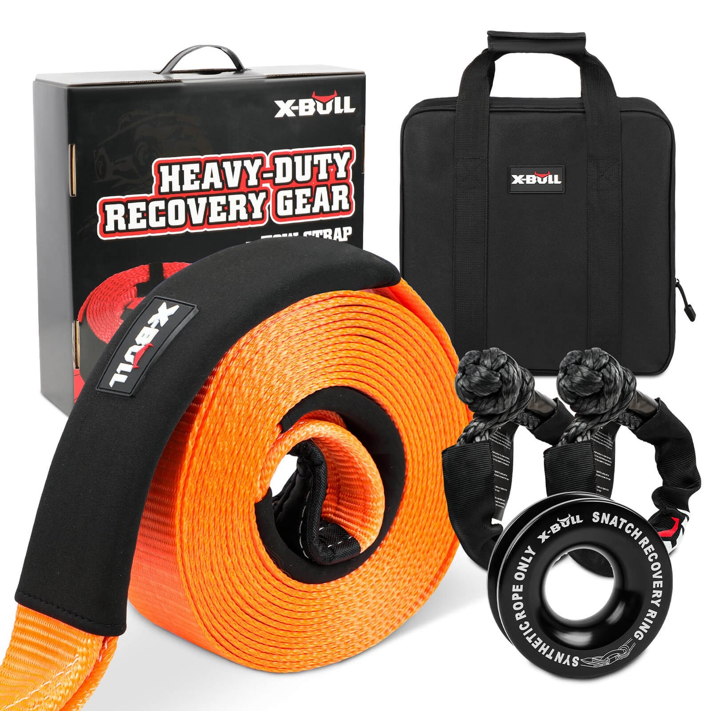 An orange heavy-duty recovery strap with black reinforced covers, black shackles, and a black snatch ring, all branded with "X-BULL." The X-BULL 4WD Recovery Kit Off Road Snatch Strap Soft Shackles Snatch Block Pulley includes a black carry bag and is displayed with its packaging box labeled "Heavy-Duty Recovery Gear." Perfect for your off-roading kit.