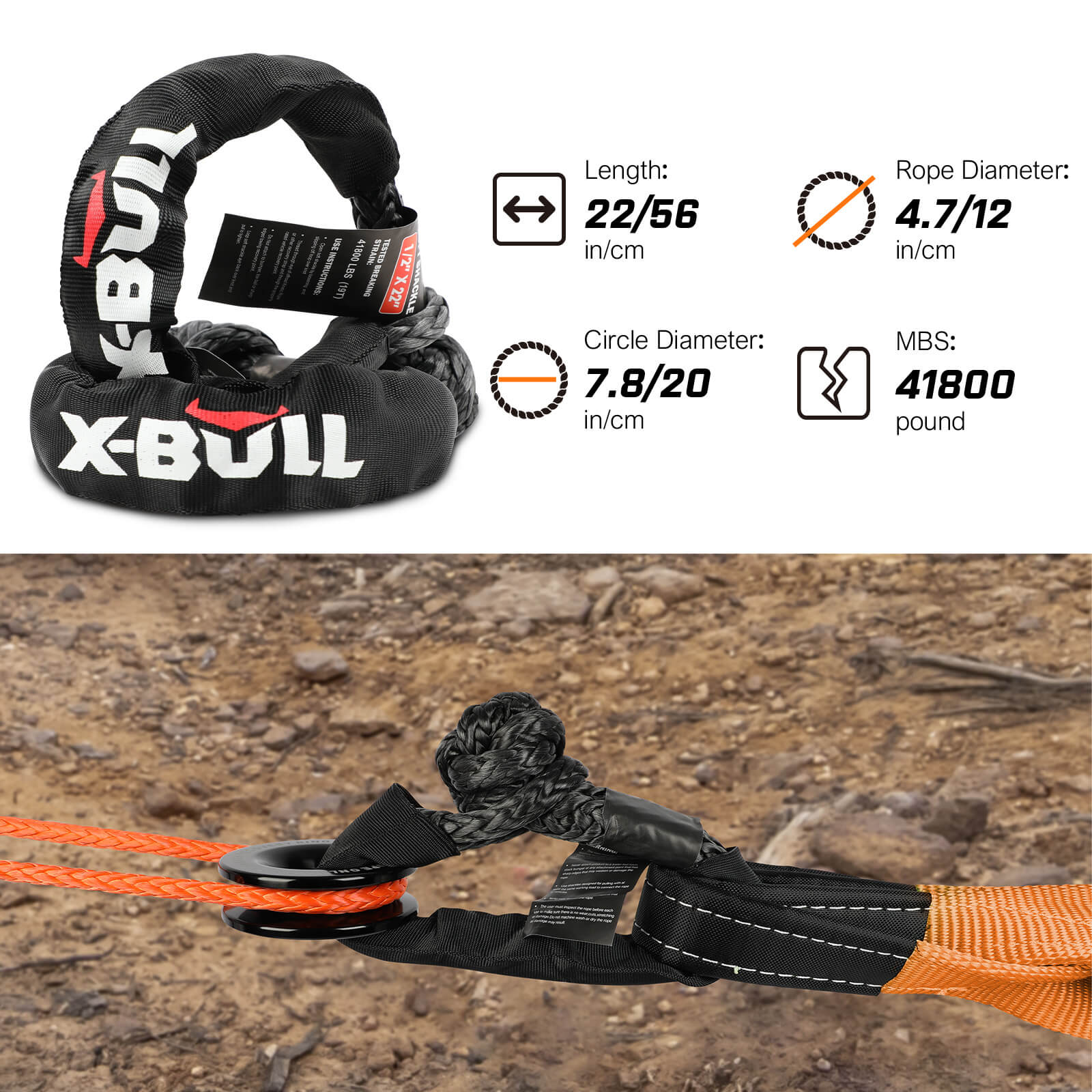 An orange heavy-duty recovery strap with black reinforced covers, black shackles, and a black snatch ring, all branded with "X-BULL." The X-BULL 4WD Recovery Kit Off Road Snatch Strap Soft Shackles Snatch Block Pulley includes a black carry bag and is displayed with its packaging box labeled "Heavy-Duty Recovery Gear." Perfect for your off-roading kit.