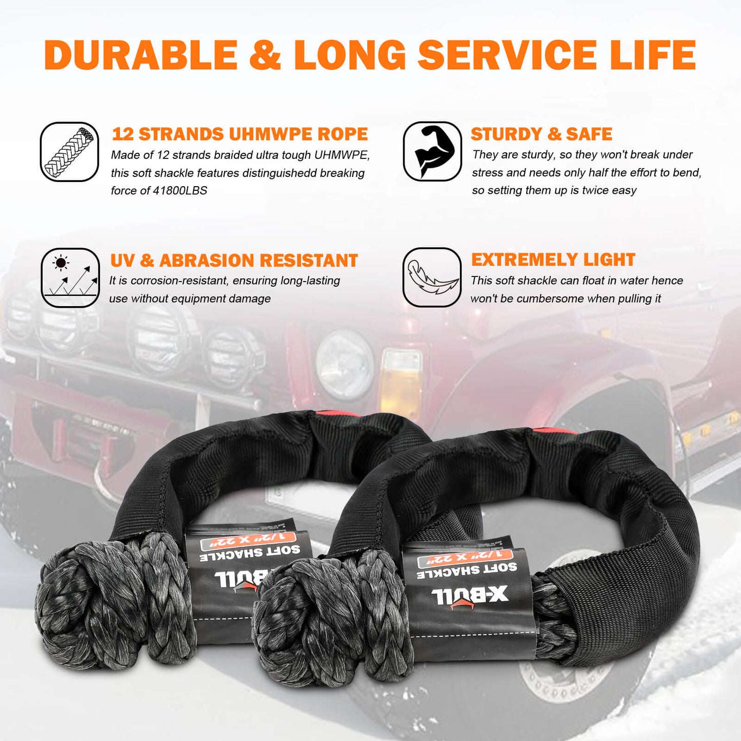 An orange heavy-duty recovery strap with black reinforced covers, black shackles, and a black snatch ring, all branded with "X-BULL." The X-BULL 4WD Recovery Kit Off Road Snatch Strap Soft Shackles Snatch Block Pulley includes a black carry bag and is displayed with its packaging box labeled "Heavy-Duty Recovery Gear." Perfect for your off-roading kit.