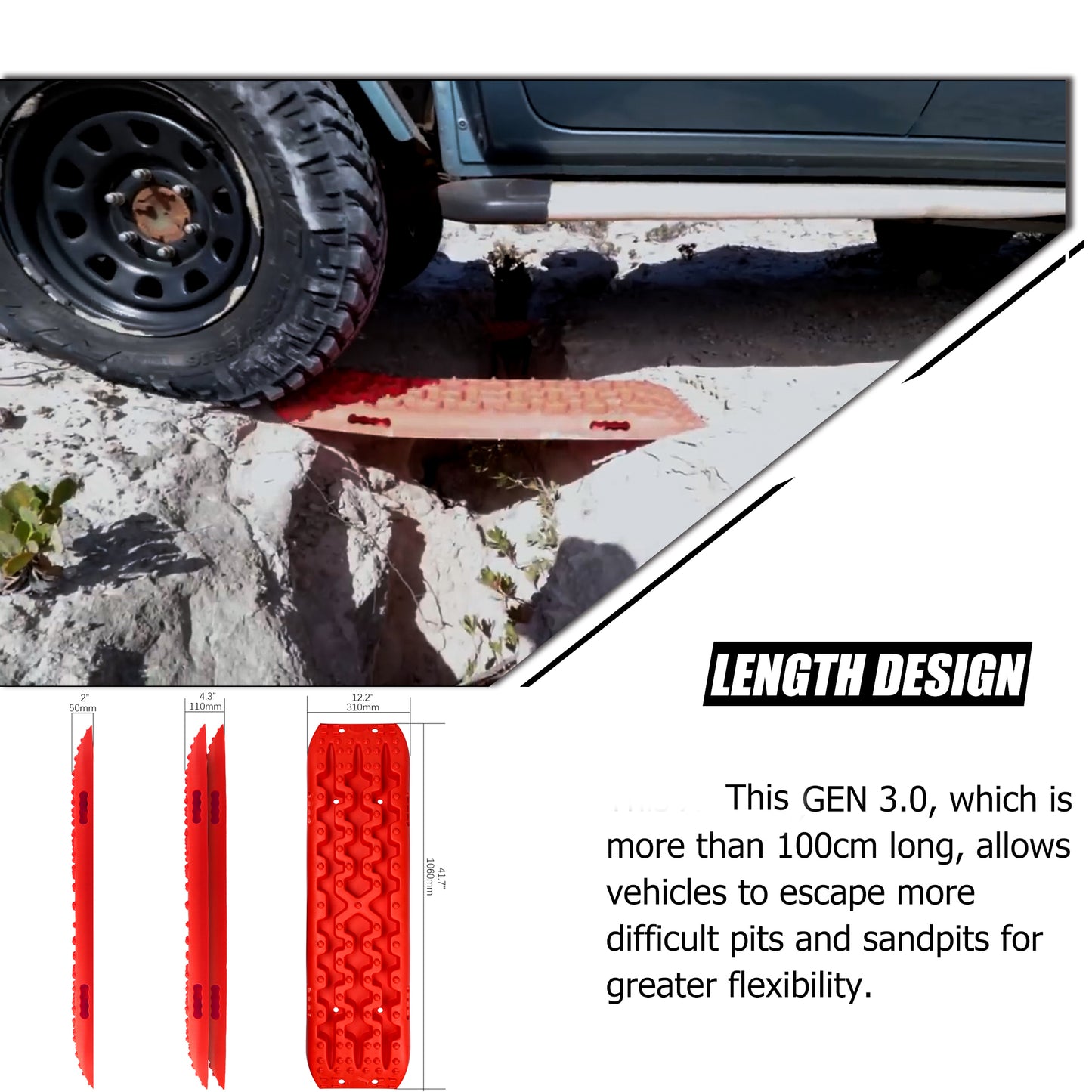 Four X-BULL 2 Pairs Recovery tracks Sand Mud Snow 4WD / 4x4 ATV Offroad Stronger Gen 3.0 - Red designed for vehicle recovery displayed against a white background. The set includes two black carrying straps and a pair of silver recovery straps with black fabric connectors, all made from reinforced nylon. A few branded stickers are also included.
