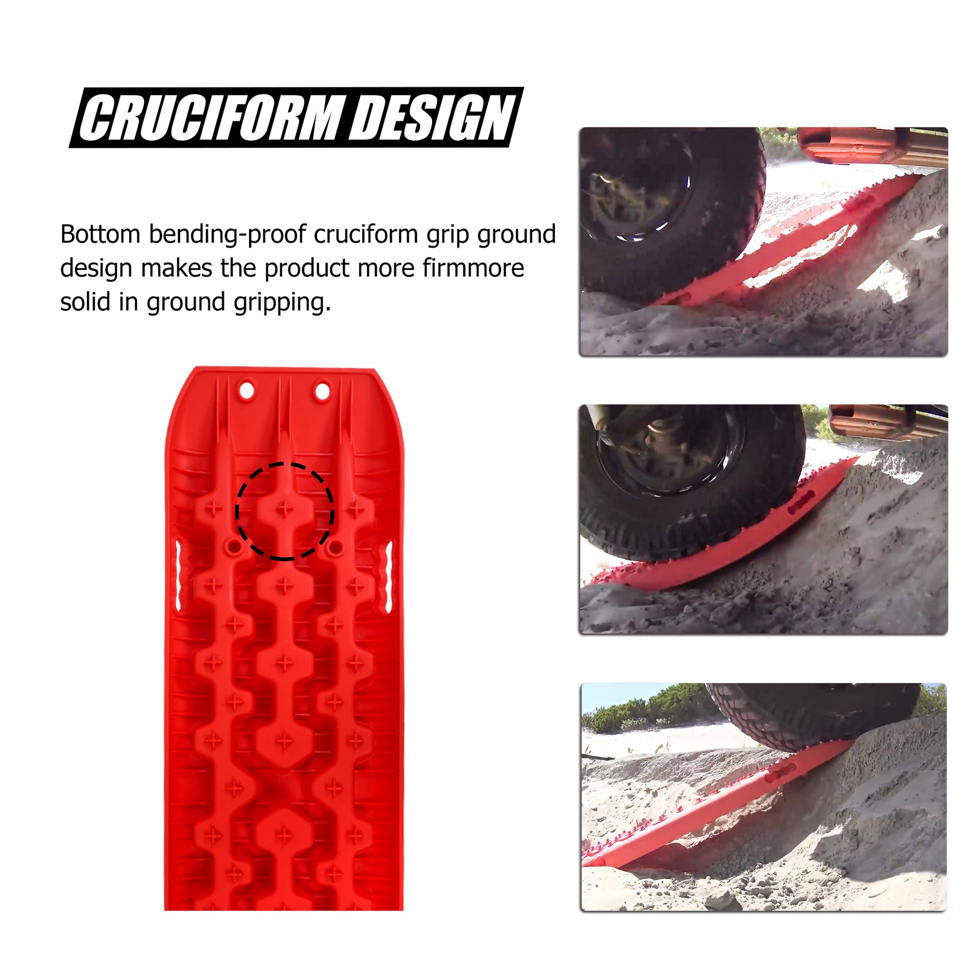 Four X-BULL 2 Pairs Recovery tracks Sand Mud Snow 4WD / 4x4 ATV Offroad Stronger Gen 3.0 - Red designed for vehicle recovery displayed against a white background. The set includes two black carrying straps and a pair of silver recovery straps with black fabric connectors, all made from reinforced nylon. A few branded stickers are also included.
