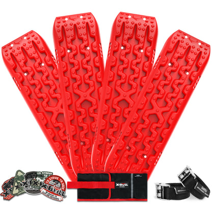 Four X-BULL 2 Pairs Recovery tracks Sand Mud Snow 4WD / 4x4 ATV Offroad Stronger Gen 3.0 - Red designed for vehicle recovery displayed against a white background. The set includes two black carrying straps and a pair of silver recovery straps with black fabric connectors, all made from reinforced nylon. A few branded stickers are also included.
