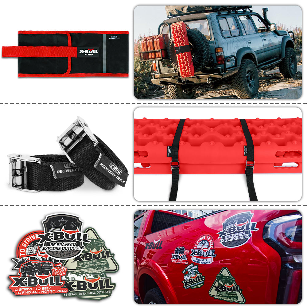 Four X-BULL 2 Pairs Recovery tracks Sand Mud Snow 4WD / 4x4 ATV Offroad Stronger Gen 3.0 - Red designed for vehicle recovery displayed against a white background. The set includes two black carrying straps and a pair of silver recovery straps with black fabric connectors, all made from reinforced nylon. A few branded stickers are also included.
