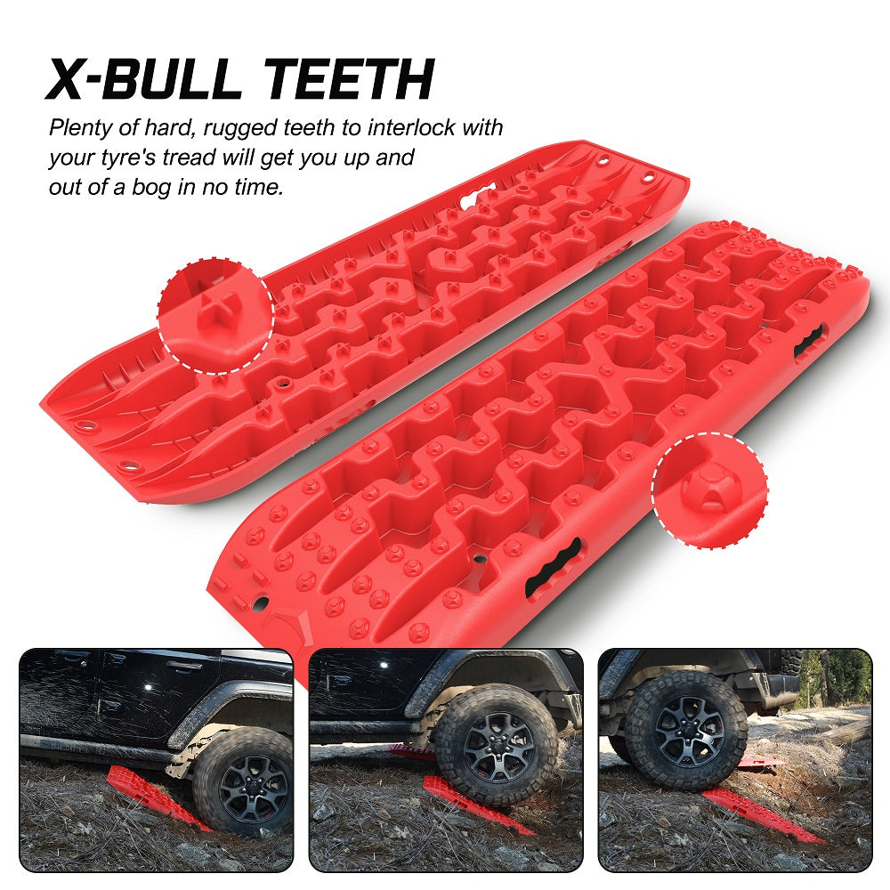 The image shows a set of bright red recovery traction boards branded as "X-BULL Recovery tracks Sand tracks 2pcs 10T Sand / Snow / Mud 4WD Gen 3.0 - Red" in an interlocked position, made from reinforced strong nylon with a 10-ton load capacity. Included are a pair of black straps with metal buckles, an instructional guide featuring images of the product in use, and a red storage bag with a black flap.