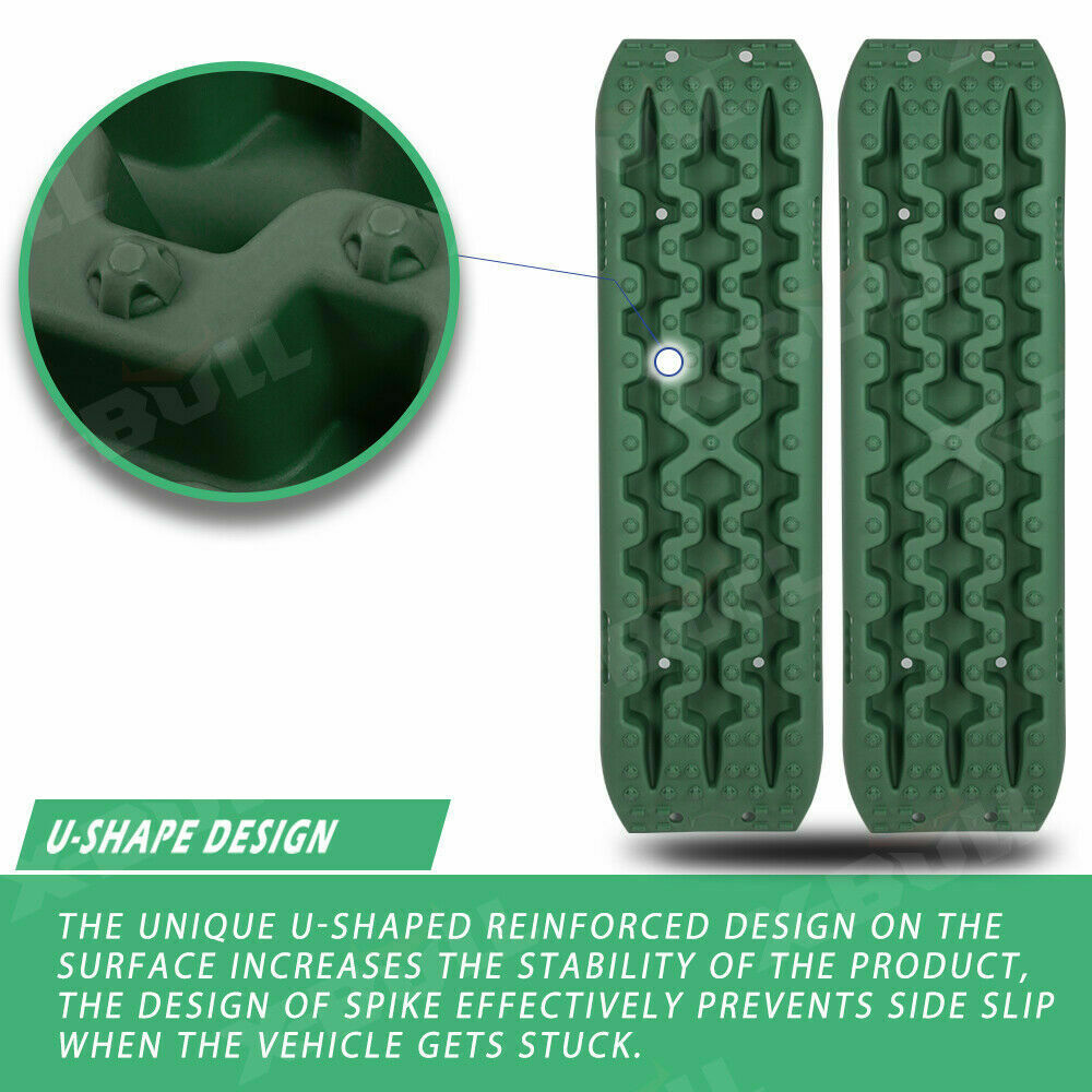 Four green X-BULL Recovery tracks / Sand tracks / Mud tracks / Off Road 4WD 4x4 Car 2 Pairs Gen 3.0 - Olive with rugged tread patterns, boasting a 10-ton load capacity, are laid out in a fan shape. A black carrying bag with the X-BULL logo sits on the upper left, partially open to reveal some of the reinforced strong nylon tracks inside.