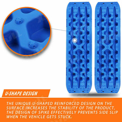 Set of four blue traction boards designed for vehicle recovery, displayed alongside a black carrying bag labeled "X-BULL Recovery tracks Mud Snow / Sand tracks / Grass 4X4 Caravan 2pairs 4WD Gen 3.0 - Blue." The boards, made from reinforced strong nylon, feature a rugged, textured surface for enhanced grip in off-road situations, handling up to 10-ton load capacity. Perfect for getting unstuck from mud, sand, or snow.