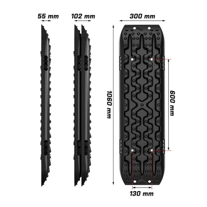 A pair of black X-BULL Recovery tracks / Sand tracks / Mud tracks / Off Road 4WD 4x4 Car 2pcs Gen 3.0 - Black, designed with reinforced strong nylon and a 10-ton load capacity, are displayed—one lying flat and the other propped on top. The image also includes a carrying case, two straps, and a promotional sheet highlighting other products. X-Bull branding is visible on all items.