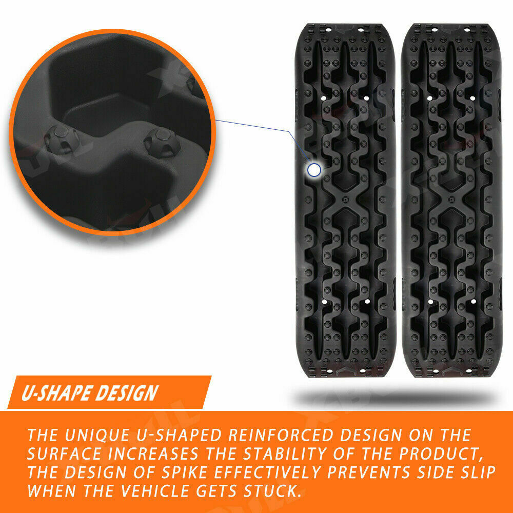 Four black X-BULL Recovery tracks / Sand tracks / Mud tracks / Off Road 4WD 4x4 Car 2 Pairs Gen 3.0 - Black, made of reinforced nylon, are arranged in a fanned-out manner on a white background. A black carrying bag with the brand "X-BULL" in red lettering is placed above the recovery tracks, hinting at their impressive load capacity and durability.