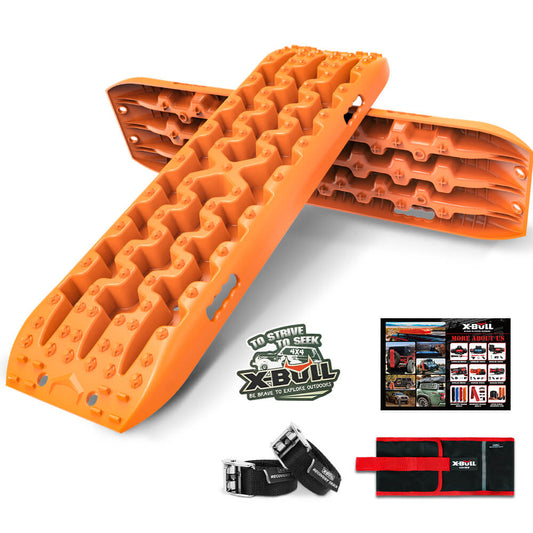 A set of X-BULL Recovery tracks Sand 4x4 4WD Snow Mud Car Vehicles ATV 2pcs Gen 3.0 for off-road vehicles is displayed, with one board propped against the other. Accompanying items include two belts, a red and black case, an instructional booklet, and a "X-BULL" logo sticker. These nylon reinforced boards boast a 10-ton load capacity.