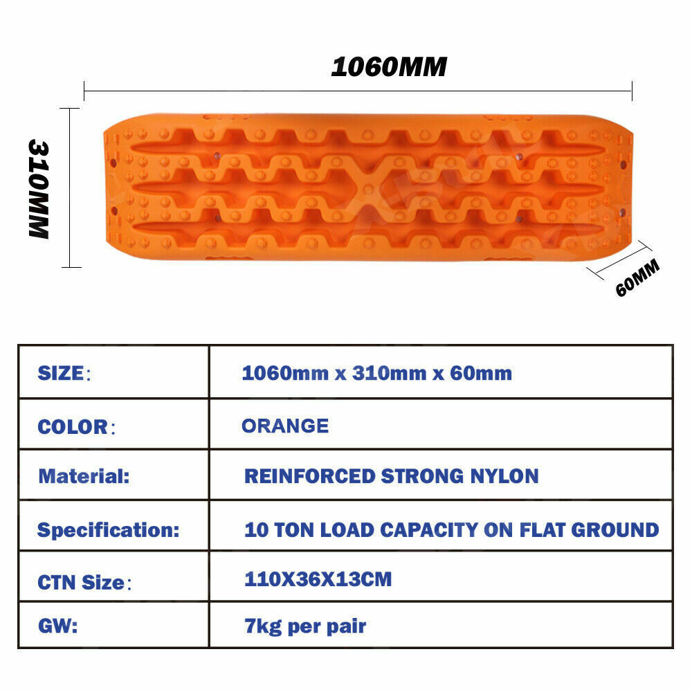 Four bright orange traction boards, made from reinforced strong nylon, are arranged in a fan shape with a carrying bag in the background. These X-BULL Recovery tracks Sand 2 Pairs 4PC10T 4WD Sand / Snow / Mud Off-road Gen 3.0 have a rugged surface designed to provide grip for vehicle tires in off-road or slippery conditions and support up to a 10 ton load capacity.