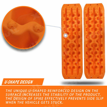 Four bright orange traction boards, made from reinforced strong nylon, are arranged in a fan shape with a carrying bag in the background. These X-BULL Recovery tracks Sand 2 Pairs 4PC10T 4WD Sand / Snow / Mud Off-road Gen 3.0 have a rugged surface designed to provide grip for vehicle tires in off-road or slippery conditions and support up to a 10 ton load capacity.