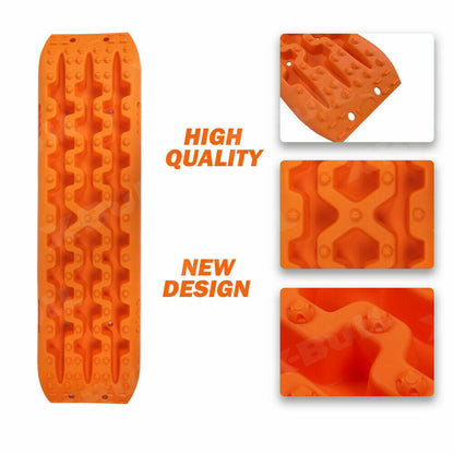 Four bright orange traction boards, made from reinforced strong nylon, are arranged in a fan shape with a carrying bag in the background. These X-BULL Recovery tracks Sand 2 Pairs 4PC10T 4WD Sand / Snow / Mud Off-road Gen 3.0 have a rugged surface designed to provide grip for vehicle tires in off-road or slippery conditions and support up to a 10 ton load capacity.