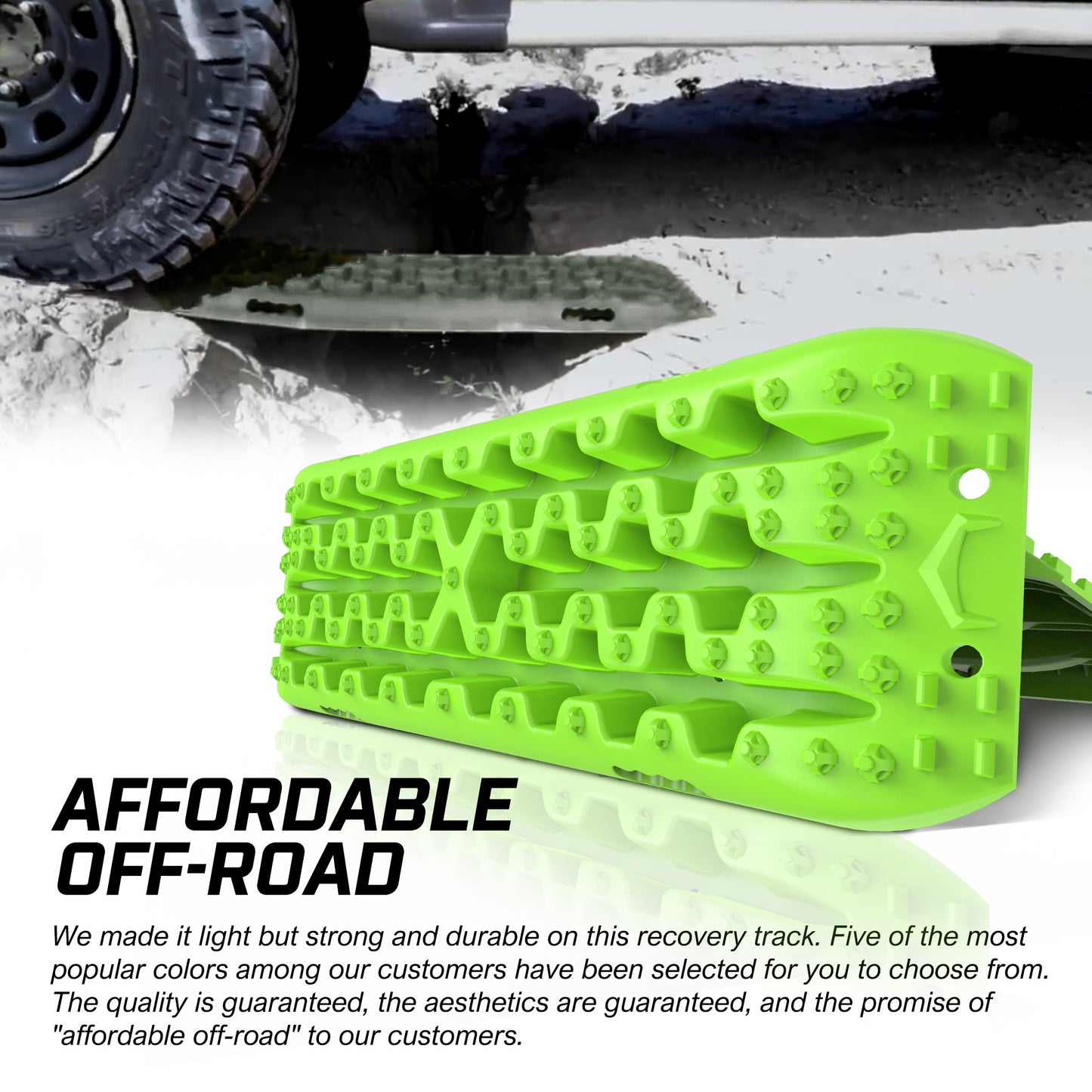 Green X-BULL Recovery tracks Sand tracks 2pcs Sand / Snow / Mud 10T 4WD Gen 3.0 - Green designed for off-road vehicles, branded X-Bull. Made from reinforced strong nylon with a 10-ton load capacity. Items included are two traction boards, a carrying bag, mounting straps, and a visual instruction guide. Text on the logo reads "TO STRIVE TO SEEK, X-BULL.