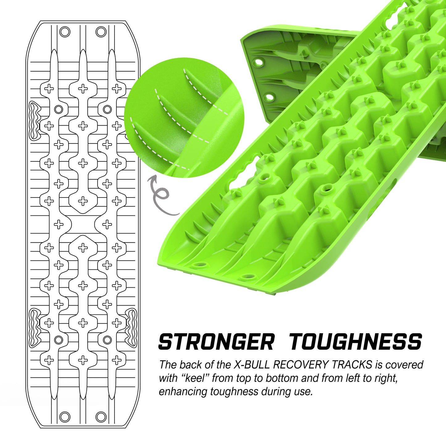 Green X-BULL Recovery tracks Sand tracks 2pcs Sand / Snow / Mud 10T 4WD Gen 3.0 - Green designed for off-road vehicles, branded X-Bull. Made from reinforced strong nylon with a 10-ton load capacity. Items included are two traction boards, a carrying bag, mounting straps, and a visual instruction guide. Text on the logo reads "TO STRIVE TO SEEK, X-BULL.