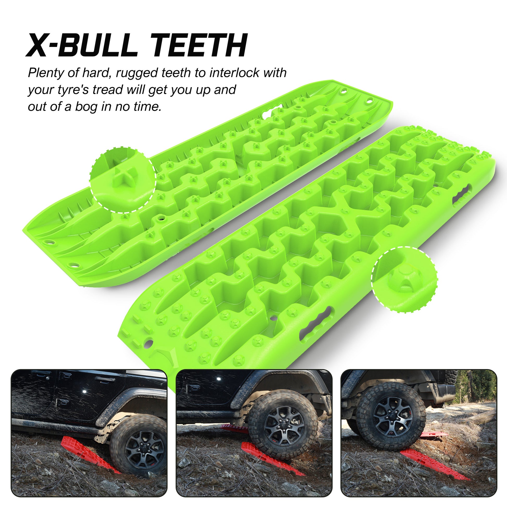 Green X-BULL Recovery tracks Sand tracks 2pcs Sand / Snow / Mud 10T 4WD Gen 3.0 - Green designed for off-road vehicles, branded X-Bull. Made from reinforced strong nylon with a 10-ton load capacity. Items included are two traction boards, a carrying bag, mounting straps, and a visual instruction guide. Text on the logo reads "TO STRIVE TO SEEK, X-BULL.