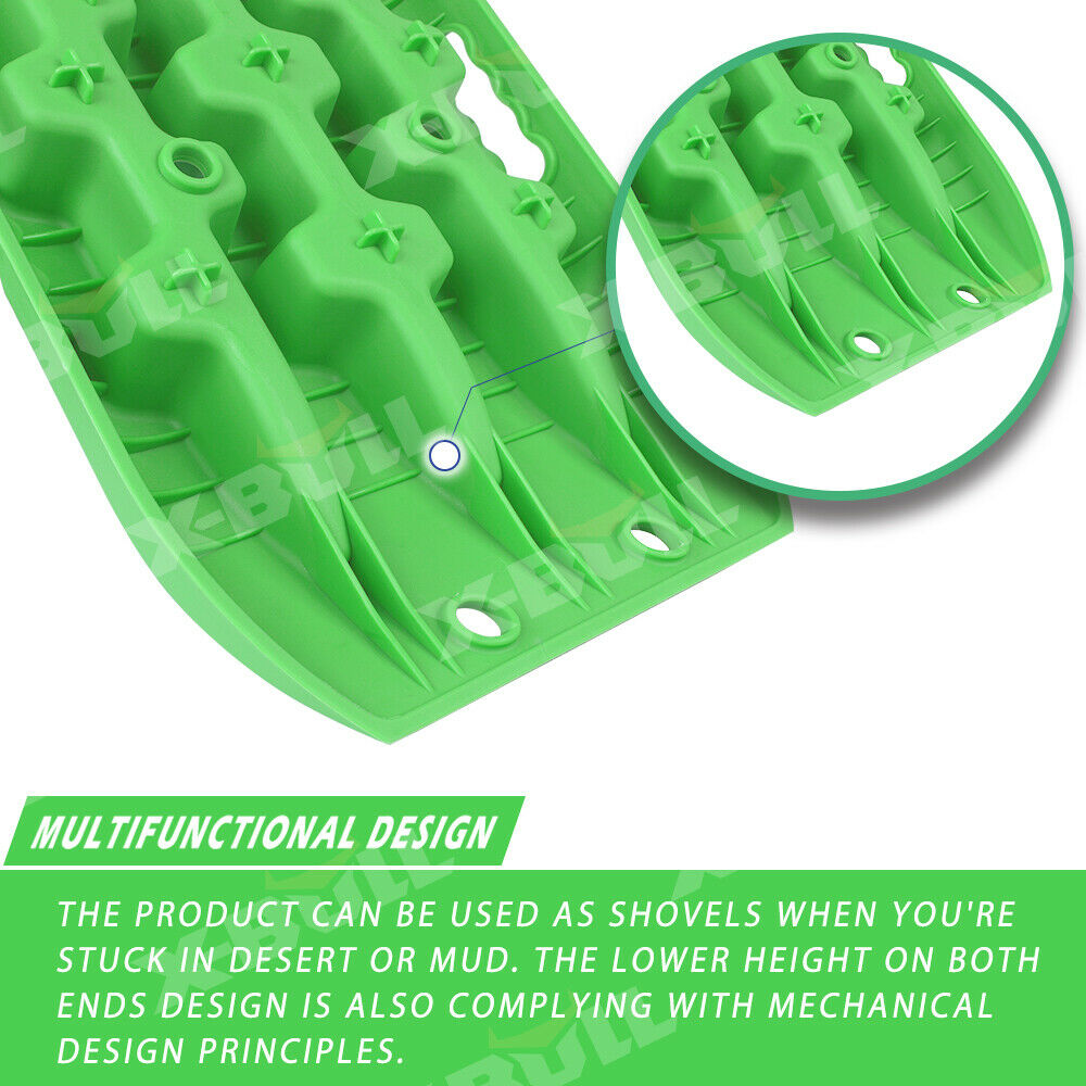 Four X-BULL Recovery tracks Sand tracks 2 Pairs Sand / Snow / Mud 10T 4WD Gen 3.0 - Green, designed with reinforced strong nylon for durability, are arranged in a fan shape for off-road vehicle recovery. They feature textured surfaces for grip and can handle up to a 10 Ton load capacity. A black carrying bag with a red "X-BULL" logo is shown in the top left corner.