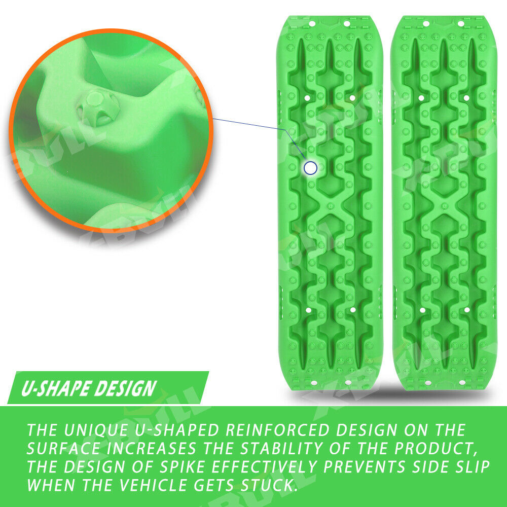 Four X-BULL Recovery tracks Sand tracks 2 Pairs Sand / Snow / Mud 10T 4WD Gen 3.0 - Green, designed with reinforced strong nylon for durability, are arranged in a fan shape for off-road vehicle recovery. They feature textured surfaces for grip and can handle up to a 10 Ton load capacity. A black carrying bag with a red "X-BULL" logo is shown in the top left corner.