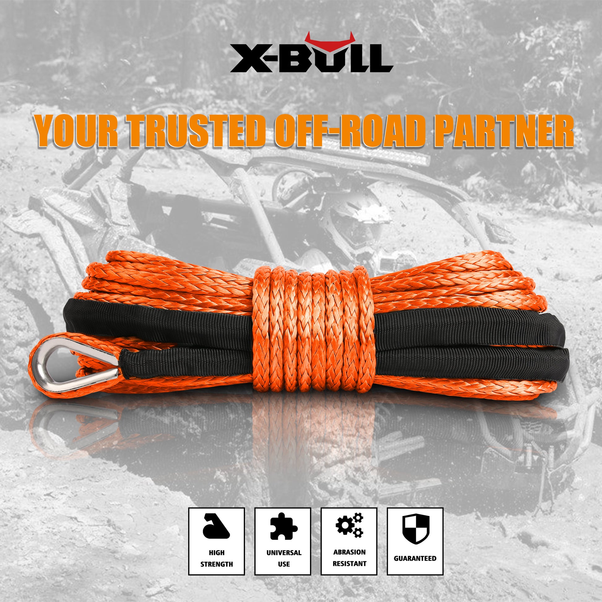 An orange **X-BULL Winch Rope Dyneema Synthetic Rope 5.5mm x 13m Tow Recovery Offroad 4wd** with heavy-duty construction features a protective sleeve, metal eye loop, and UV resistant properties. The black text reads "X-BULL" at the top. An off-road vehicle is in the background, with "YOUR TRUSTED OFF-ROAD PARTNER" displayed prominently. Four icons below depict its features.